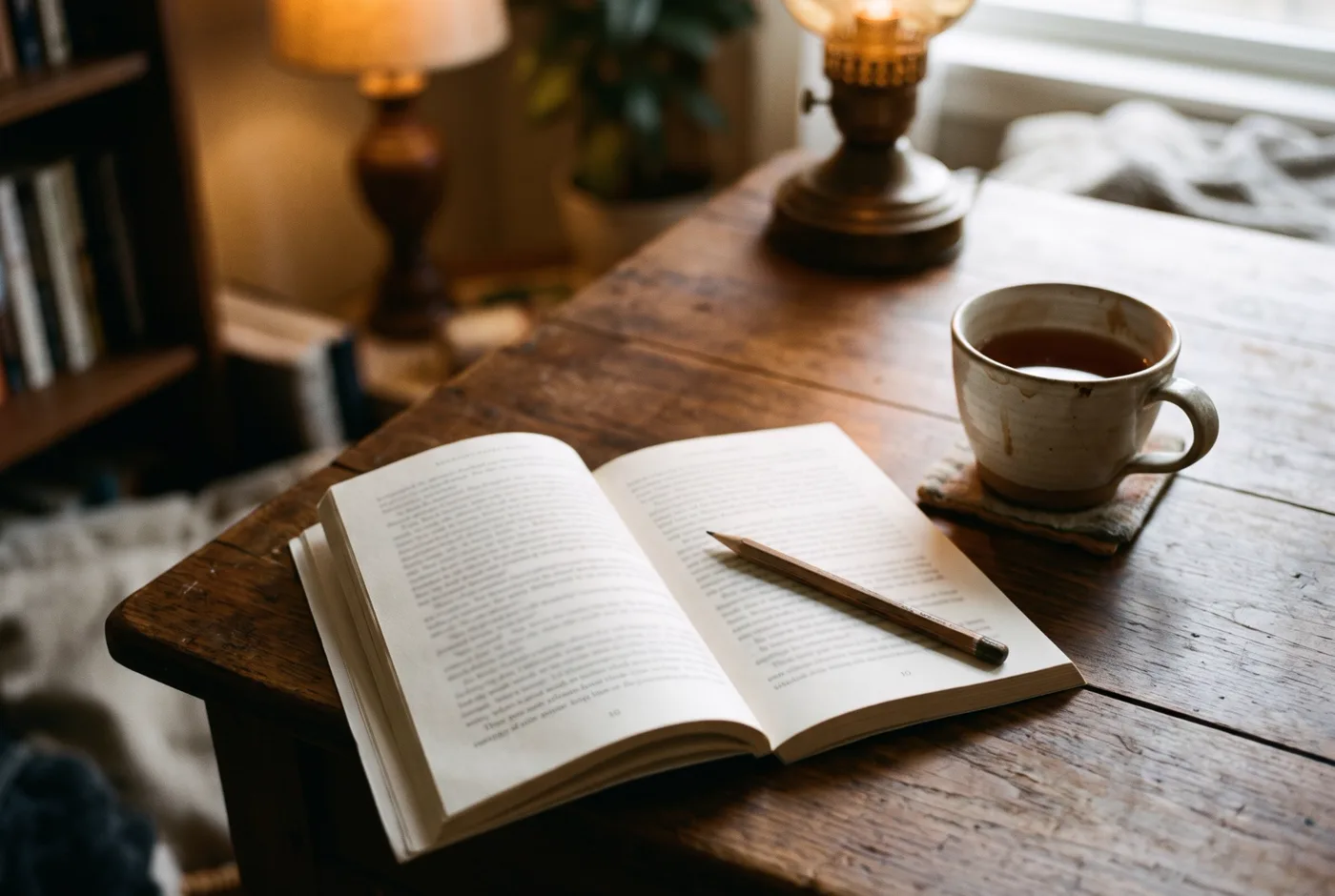 An open book with a pencil resting on the page beside a cup of tea and a lamp on a wooden table