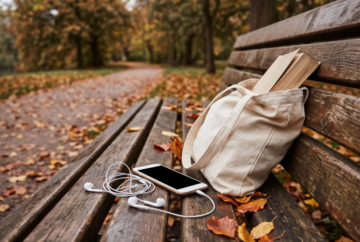A phone with earphones and a canvas tote with a book on a park bench among autumn leaves