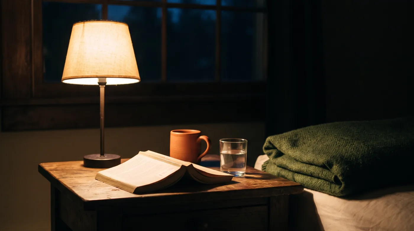 Books for 3 a.m.: a lit lamp on a bedside table at night beside an open book, a glass of water and a terracotta mug, for sleepless hours when you need a calm, comforting read
