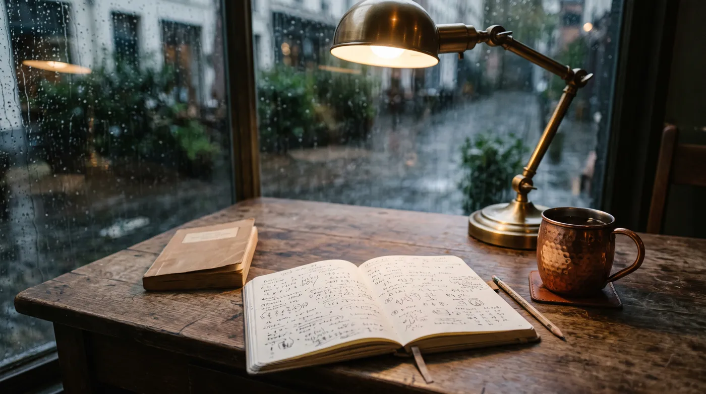 A notebook, a paperback and a lamp on a desk by a rainy window