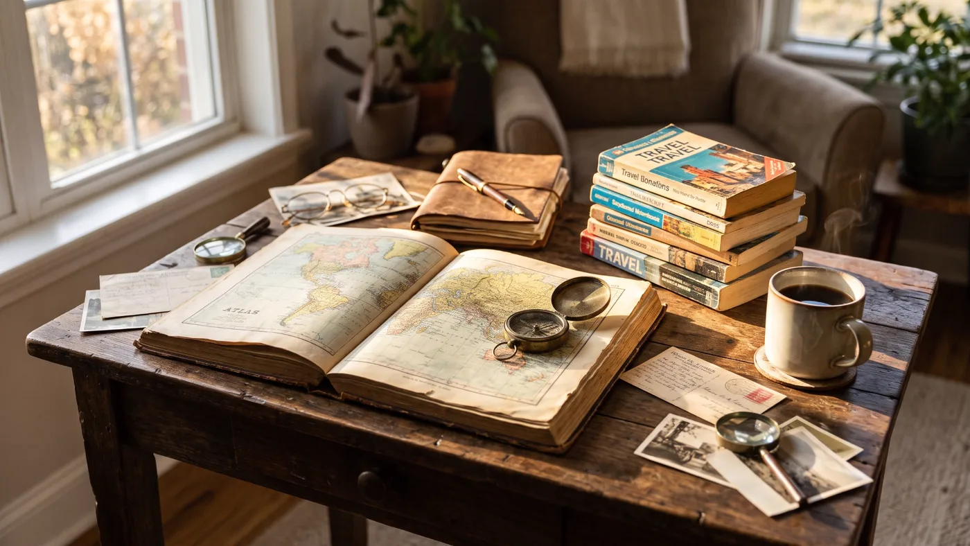 An old atlas open on a wooden desk with a brass compass, a leather journal and pen, stacked travel guidebooks, old postcards and photographs, and a steaming cup of coffee in window light