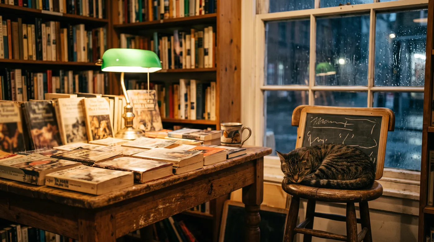 A used-book corner with a lamp and a sleeping cat