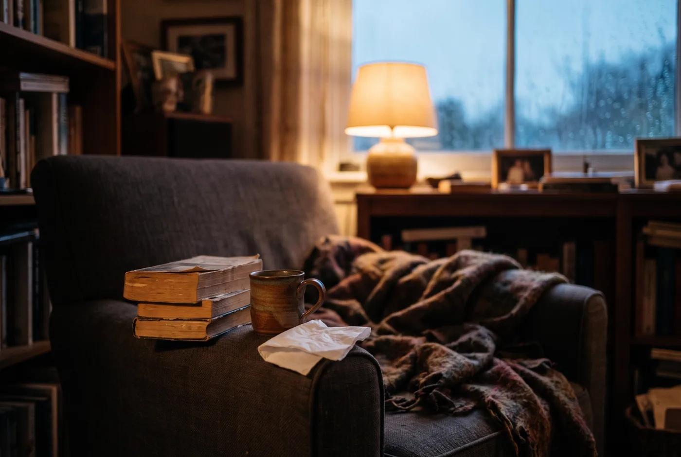 A stack of books, a mug and a tissue on an armchair beside a blanket and a lamp, with rain on the window