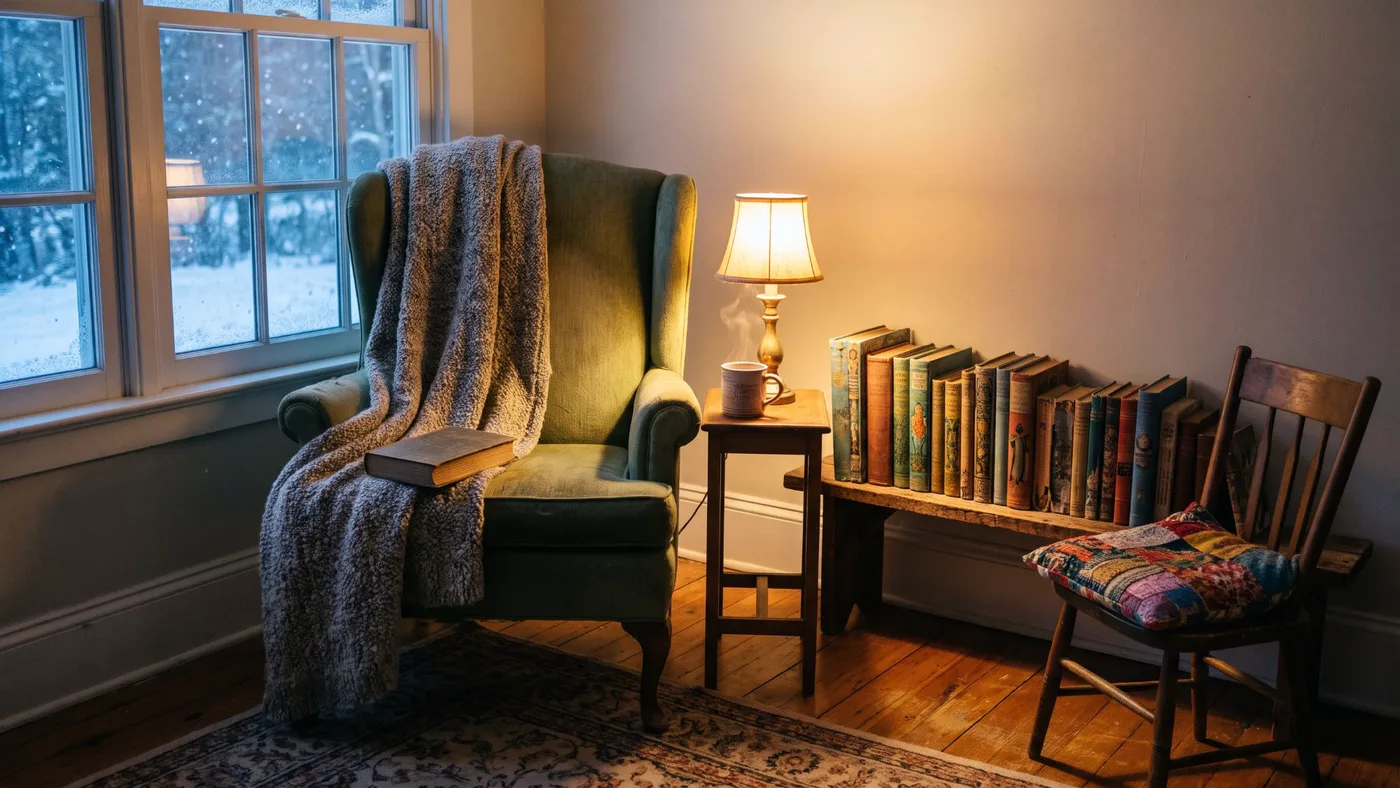 A low wooden bench of old illustrated children's hardback books next to an armchair, a side table with a lamp and a mug, and a chair with a patchwork cushion in a warm winter room