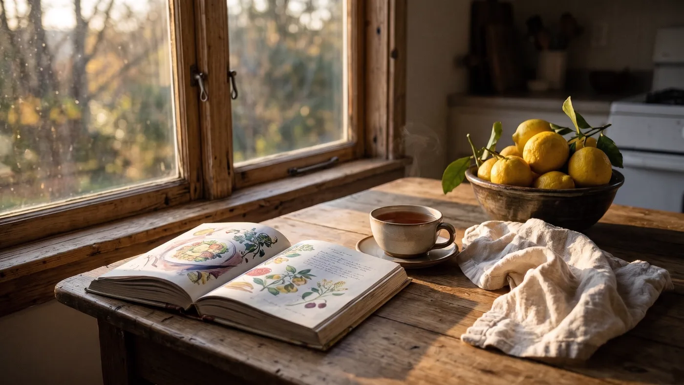 An open illustrated cookbook on a wooden kitchen table beside a cup of tea, a linen cloth and a bowl of lemons, by a window in late afternoon light
