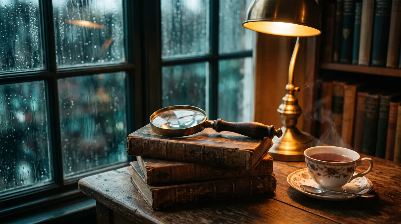 A magnifying glass on old detective novels beside a teacup and a rainy window