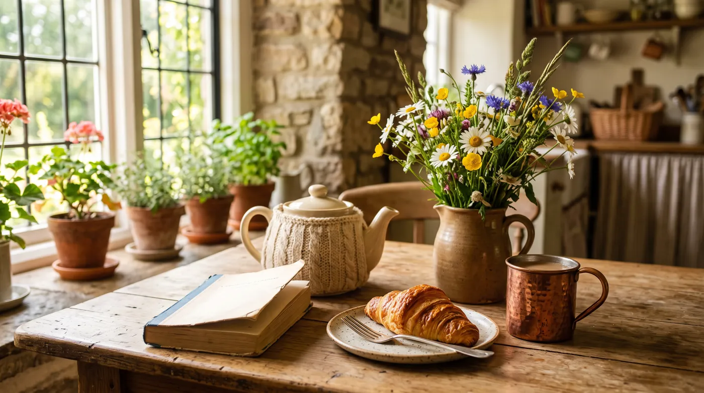A sunny kitchen table with a paperback and a teapot