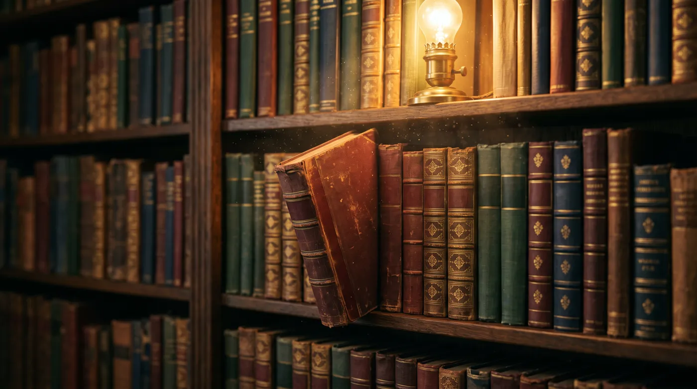 A row of colorful book spines on a shelf