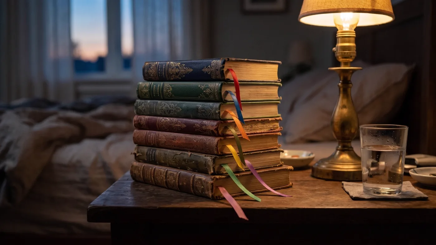 A bedside table at dusk with a stack of seven old books with coloured ribbon bookmarks, a brass lamp and a glass of water